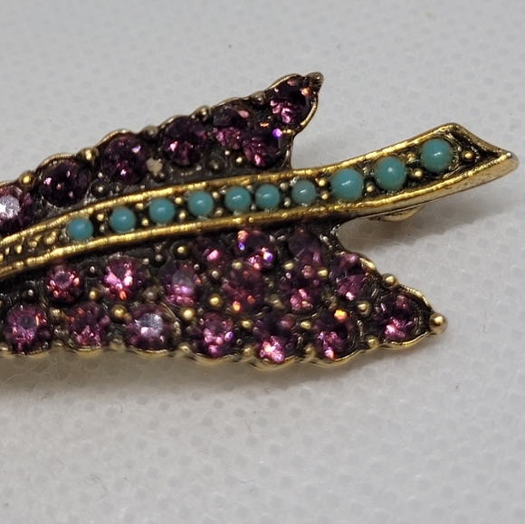 STUNNING Vintage Purple Rhinestone Turquoise Stone Gold Tone Leaf Brooch - Picture 7 of 15
